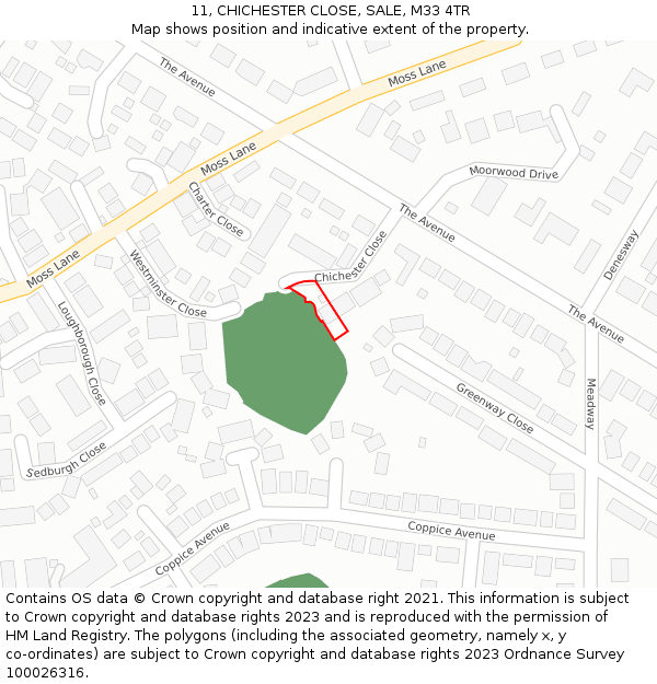 11, CHICHESTER CLOSE, SALE, M33 4TR: Location map and indicative extent of plot