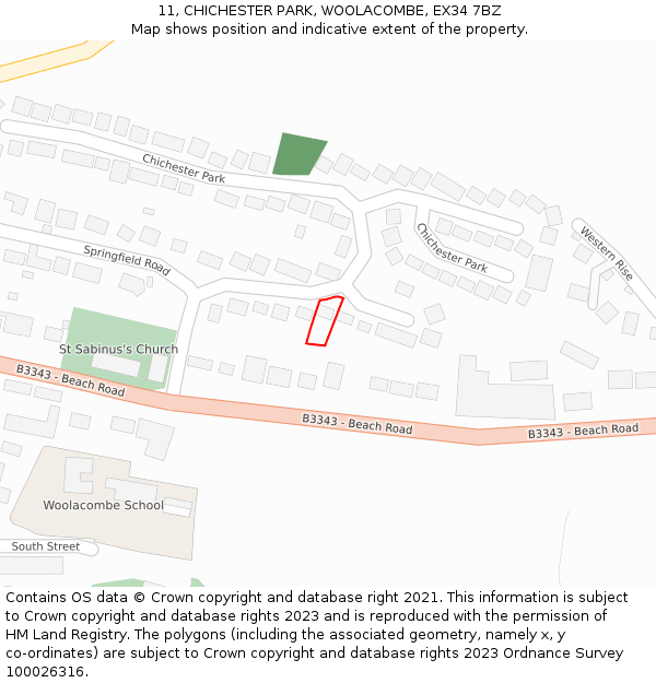 11, CHICHESTER PARK, WOOLACOMBE, EX34 7BZ: Location map and indicative extent of plot