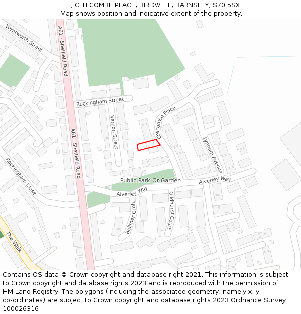 11, CHILCOMBE PLACE, BIRDWELL, BARNSLEY, S70 5SX: Location map and indicative extent of plot