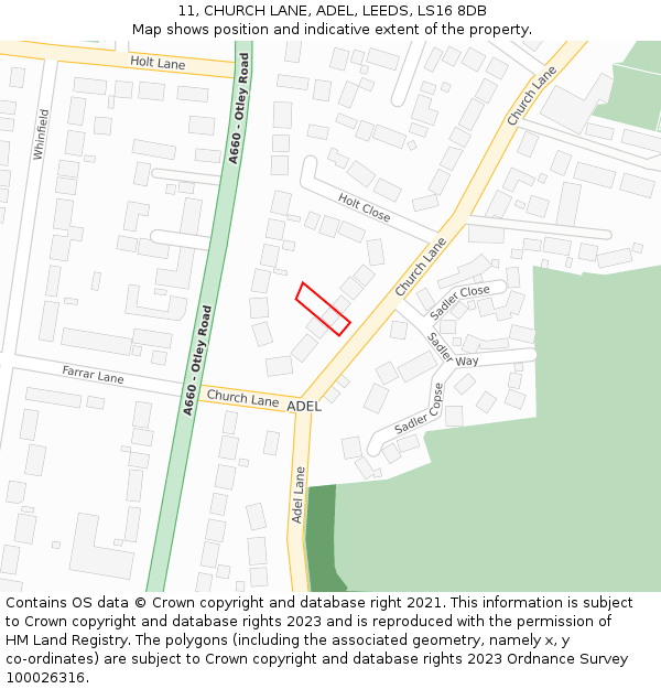 11, CHURCH LANE, ADEL, LEEDS, LS16 8DB: Location map and indicative extent of plot