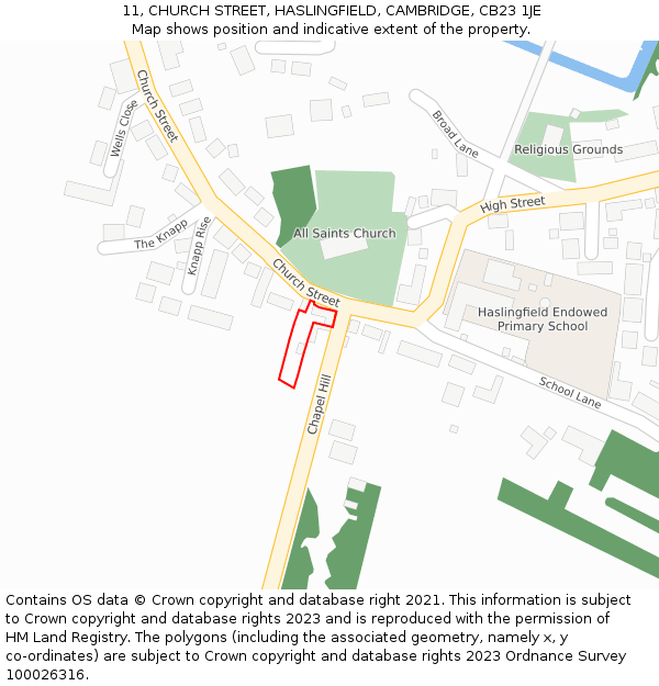 11, CHURCH STREET, HASLINGFIELD, CAMBRIDGE, CB23 1JE: Location map and indicative extent of plot