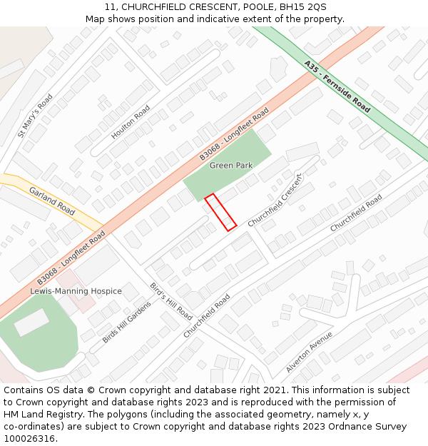 11, CHURCHFIELD CRESCENT, POOLE, BH15 2QS: Location map and indicative extent of plot