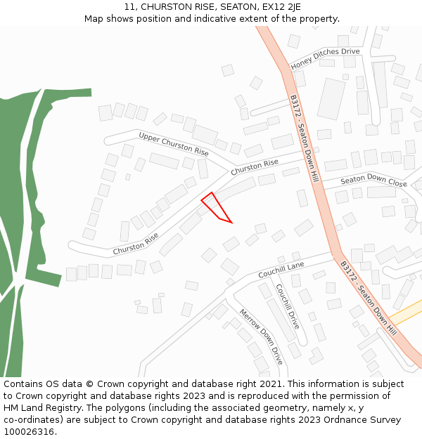 11, CHURSTON RISE, SEATON, EX12 2JE: Location map and indicative extent of plot