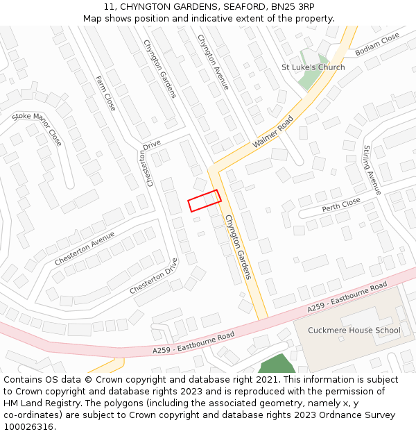 11, CHYNGTON GARDENS, SEAFORD, BN25 3RP: Location map and indicative extent of plot