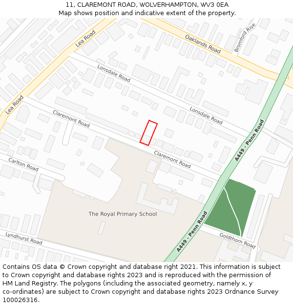 11, CLAREMONT ROAD, WOLVERHAMPTON, WV3 0EA: Location map and indicative extent of plot