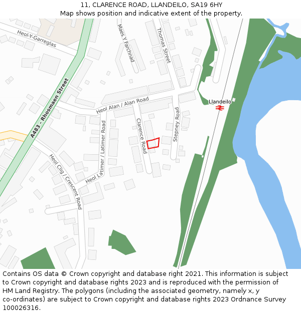 11, CLARENCE ROAD, LLANDEILO, SA19 6HY: Location map and indicative extent of plot
