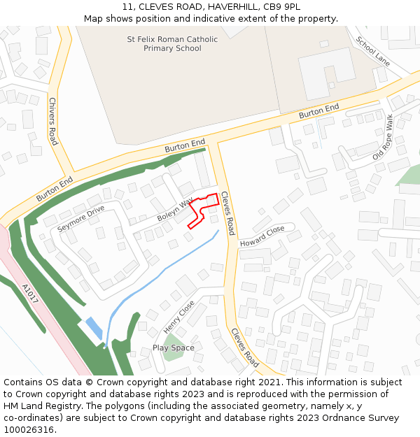 11, CLEVES ROAD, HAVERHILL, CB9 9PL: Location map and indicative extent of plot