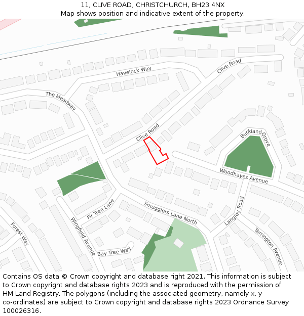 11, CLIVE ROAD, CHRISTCHURCH, BH23 4NX: Location map and indicative extent of plot