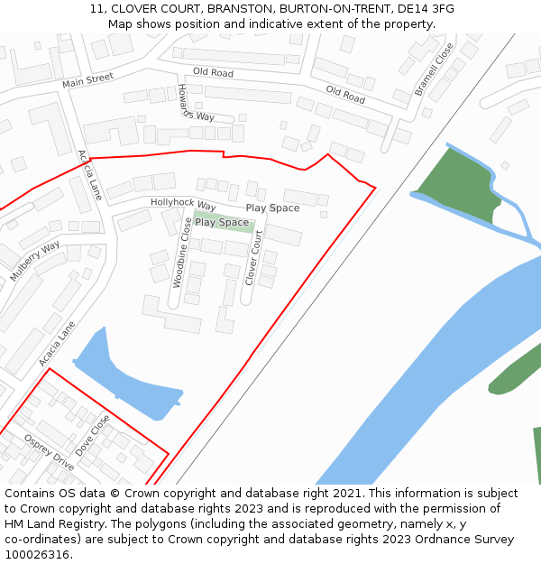 11, CLOVER COURT, BRANSTON, BURTON-ON-TRENT, DE14 3FG: Location map and indicative extent of plot