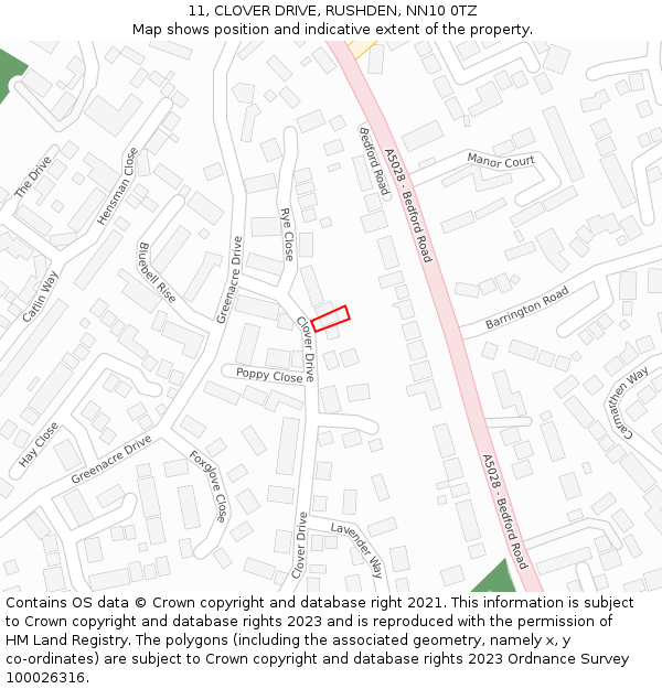 11, CLOVER DRIVE, RUSHDEN, NN10 0TZ: Location map and indicative extent of plot