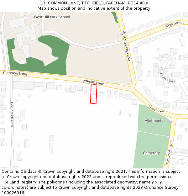 11, COMMON LANE, TITCHFIELD, FAREHAM, PO14 4DA: Location map and indicative extent of plot