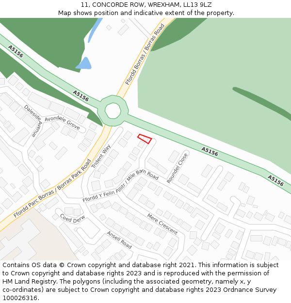 11, CONCORDE ROW, WREXHAM, LL13 9LZ: Location map and indicative extent of plot