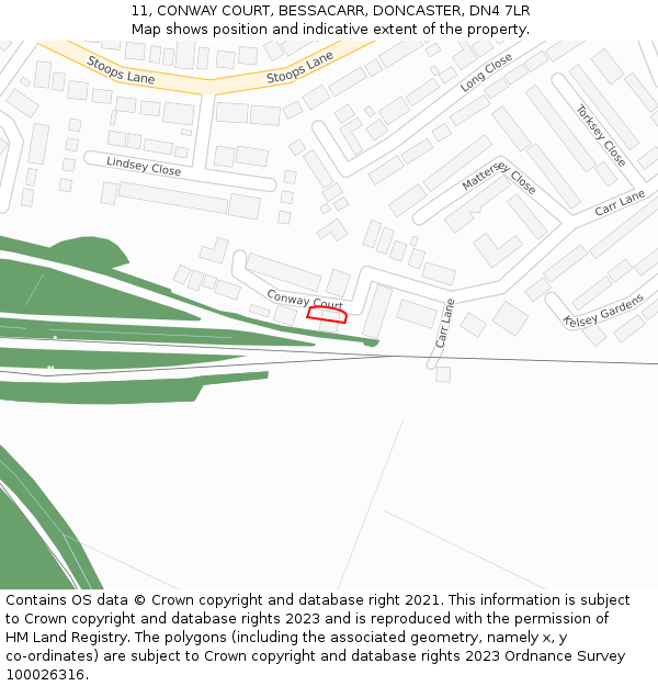 11, CONWAY COURT, BESSACARR, DONCASTER, DN4 7LR: Location map and indicative extent of plot