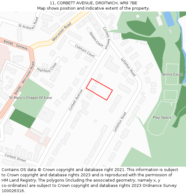 11, CORBETT AVENUE, DROITWICH, WR9 7BE: Location map and indicative extent of plot