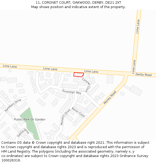 11, CORONET COURT, OAKWOOD, DERBY, DE21 2XT: Location map and indicative extent of plot