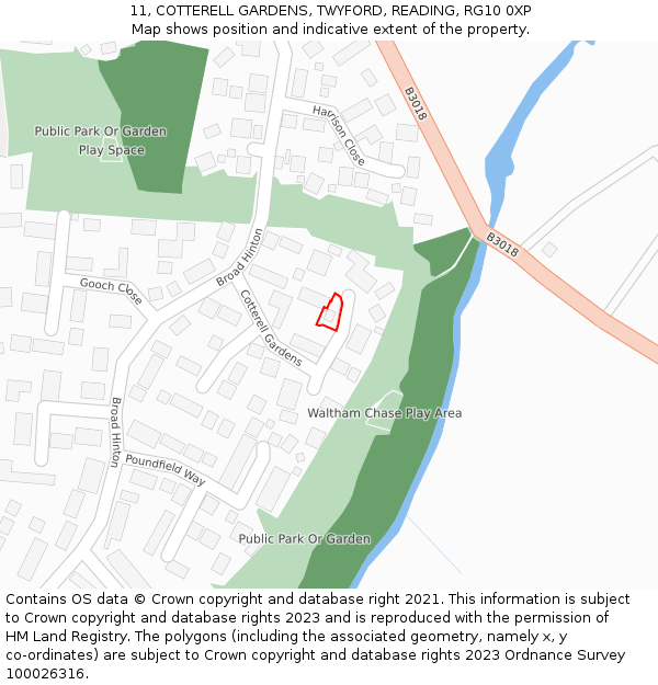 11, COTTERELL GARDENS, TWYFORD, READING, RG10 0XP: Location map and indicative extent of plot