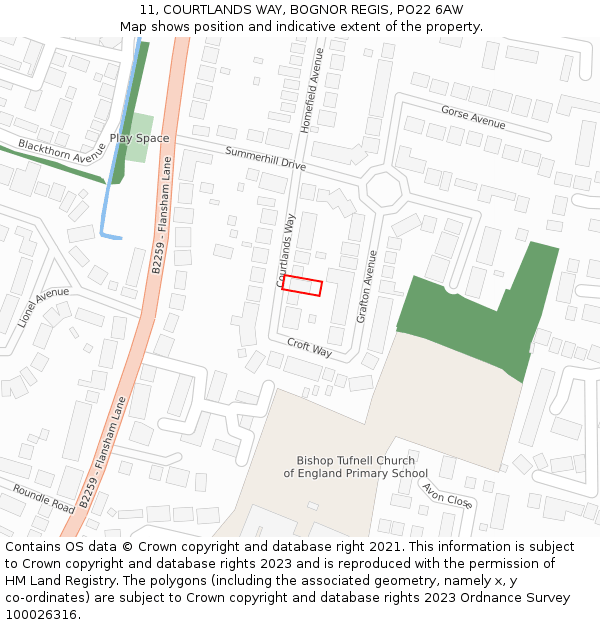 11, COURTLANDS WAY, BOGNOR REGIS, PO22 6AW: Location map and indicative extent of plot
