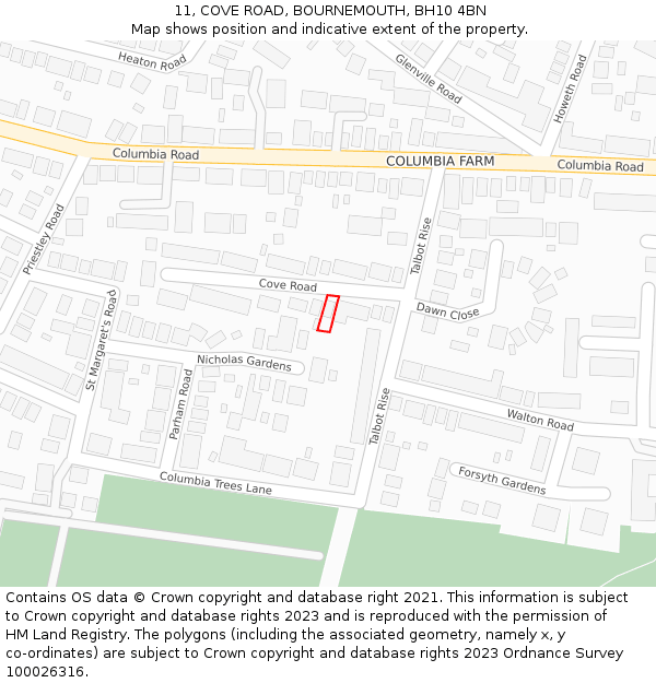 11, COVE ROAD, BOURNEMOUTH, BH10 4BN: Location map and indicative extent of plot