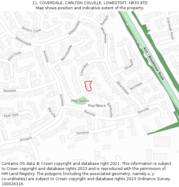 11, COVERDALE, CARLTON COLVILLE, LOWESTOFT, NR33 8TD: Location map and indicative extent of plot