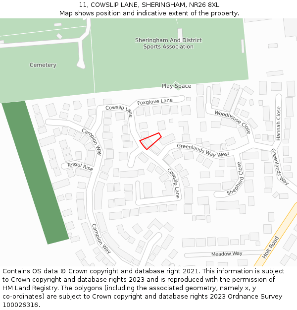 11, COWSLIP LANE, SHERINGHAM, NR26 8XL: Location map and indicative extent of plot