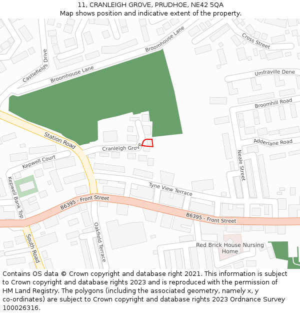11, CRANLEIGH GROVE, PRUDHOE, NE42 5QA: Location map and indicative extent of plot