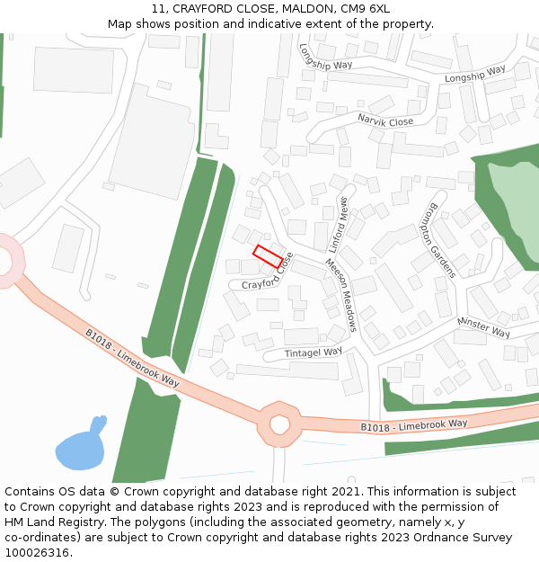 11, CRAYFORD CLOSE, MALDON, CM9 6XL: Location map and indicative extent of plot
