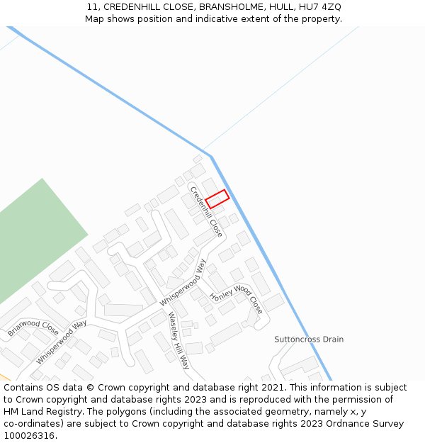 11, CREDENHILL CLOSE, BRANSHOLME, HULL, HU7 4ZQ: Location map and indicative extent of plot