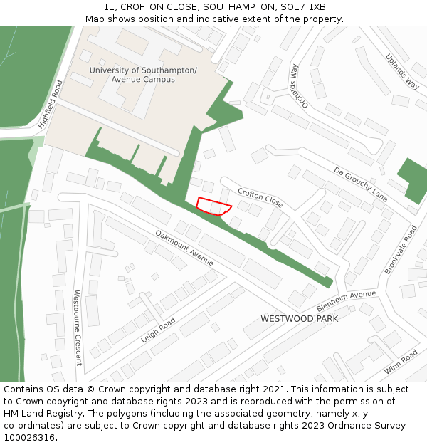 11, CROFTON CLOSE, SOUTHAMPTON, SO17 1XB: Location map and indicative extent of plot