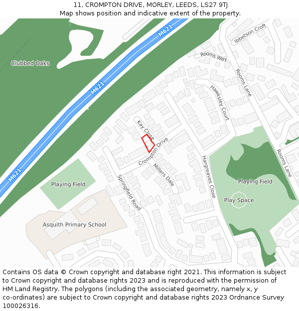 11, CROMPTON DRIVE, MORLEY, LEEDS, LS27 9TJ: Location map and indicative extent of plot