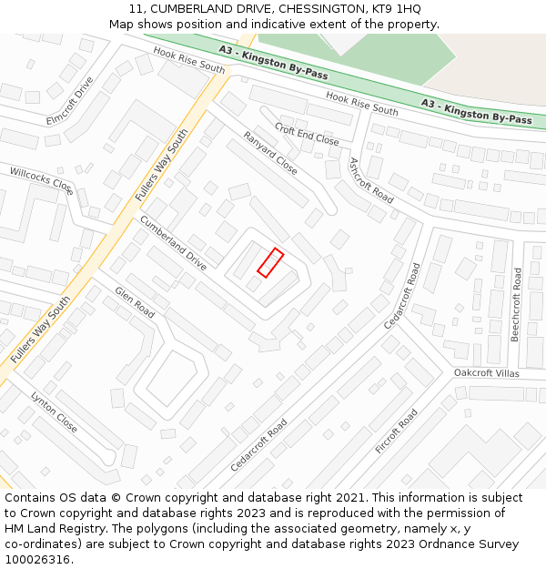 11, CUMBERLAND DRIVE, CHESSINGTON, KT9 1HQ: Location map and indicative extent of plot
