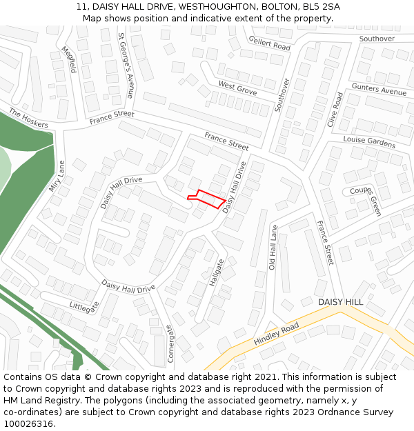 11, DAISY HALL DRIVE, WESTHOUGHTON, BOLTON, BL5 2SA: Location map and indicative extent of plot