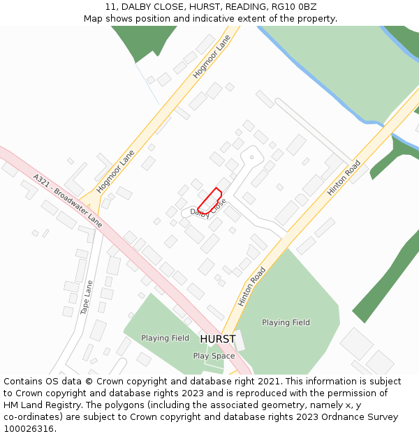 11, DALBY CLOSE, HURST, READING, RG10 0BZ: Location map and indicative extent of plot