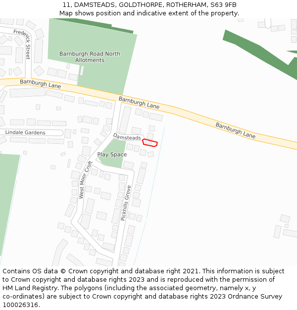 11, DAMSTEADS, GOLDTHORPE, ROTHERHAM, S63 9FB: Location map and indicative extent of plot