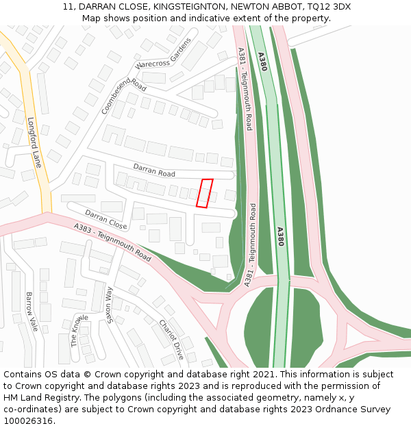 11, DARRAN CLOSE, KINGSTEIGNTON, NEWTON ABBOT, TQ12 3DX: Location map and indicative extent of plot