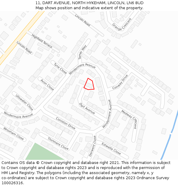 11, DART AVENUE, NORTH HYKEHAM, LINCOLN, LN6 8UD: Location map and indicative extent of plot