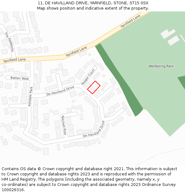 11, DE HAVILLAND DRIVE, YARNFIELD, STONE, ST15 0SX: Location map and indicative extent of plot