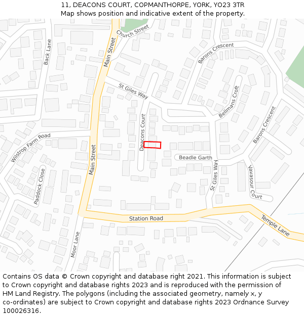 11, DEACONS COURT, COPMANTHORPE, YORK, YO23 3TR: Location map and indicative extent of plot