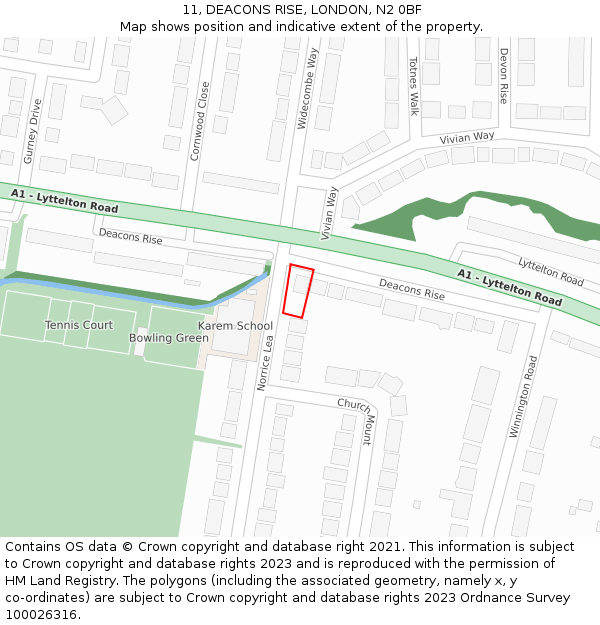 11, DEACONS RISE, LONDON, N2 0BF: Location map and indicative extent of plot