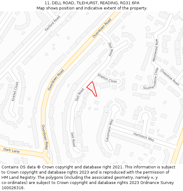 11, DELL ROAD, TILEHURST, READING, RG31 6PA: Location map and indicative extent of plot