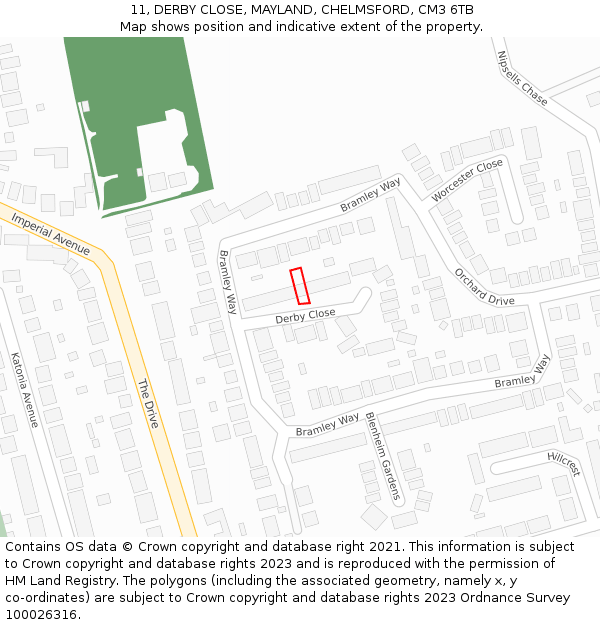 11, DERBY CLOSE, MAYLAND, CHELMSFORD, CM3 6TB: Location map and indicative extent of plot
