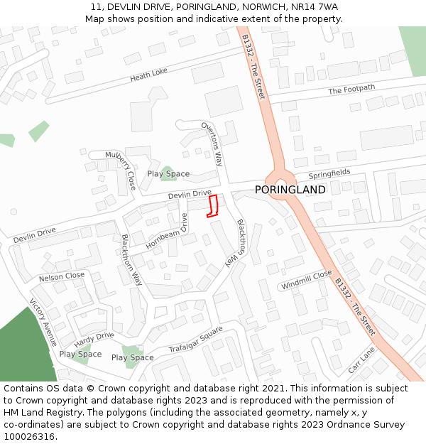 11, DEVLIN DRIVE, PORINGLAND, NORWICH, NR14 7WA: Location map and indicative extent of plot