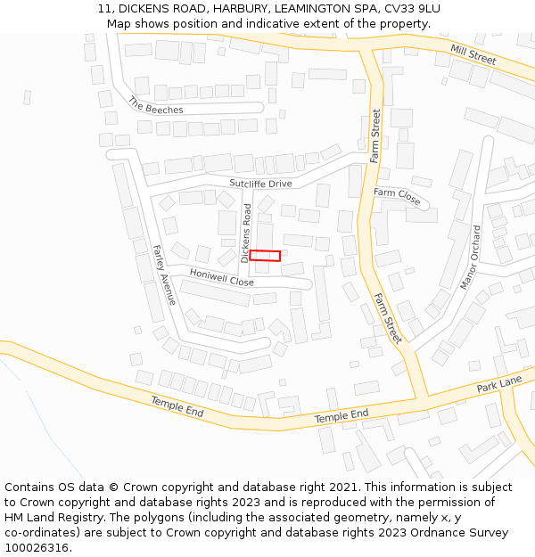 11, DICKENS ROAD, HARBURY, LEAMINGTON SPA, CV33 9LU: Location map and indicative extent of plot