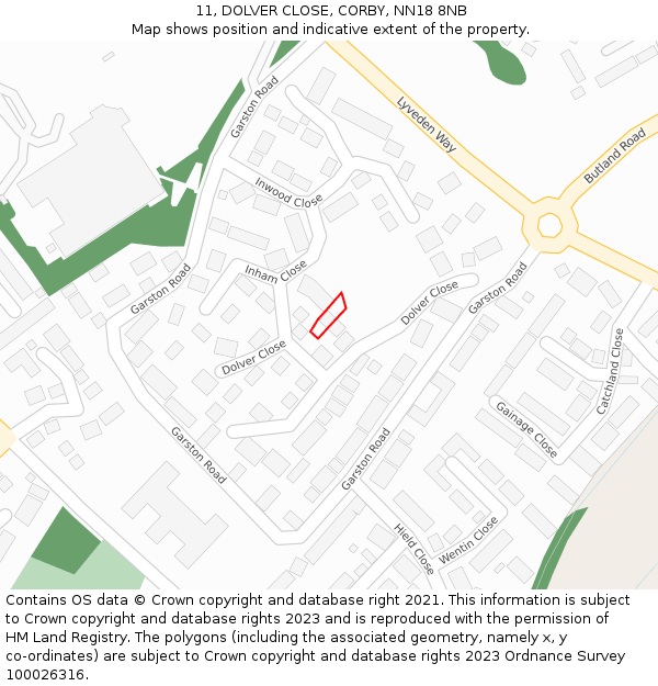 11, DOLVER CLOSE, CORBY, NN18 8NB: Location map and indicative extent of plot