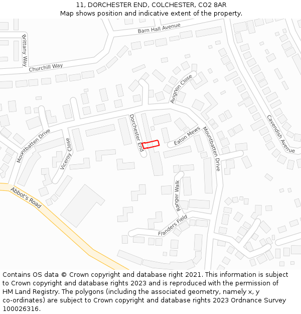 11, DORCHESTER END, COLCHESTER, CO2 8AR: Location map and indicative extent of plot