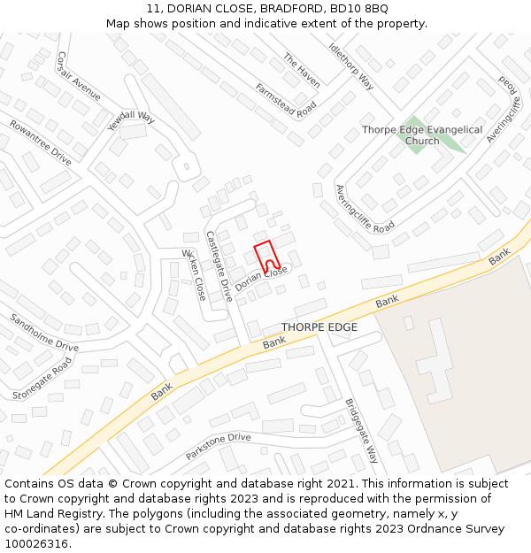 11, DORIAN CLOSE, BRADFORD, BD10 8BQ: Location map and indicative extent of plot