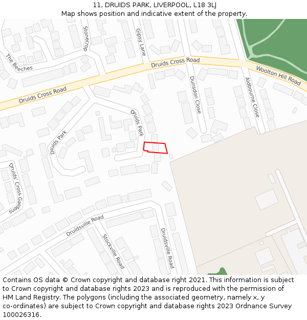 11, DRUIDS PARK, LIVERPOOL, L18 3LJ: Location map and indicative extent of plot