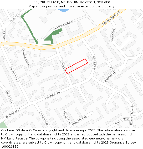 11, DRURY LANE, MELBOURN, ROYSTON, SG8 6EP: Location map and indicative extent of plot