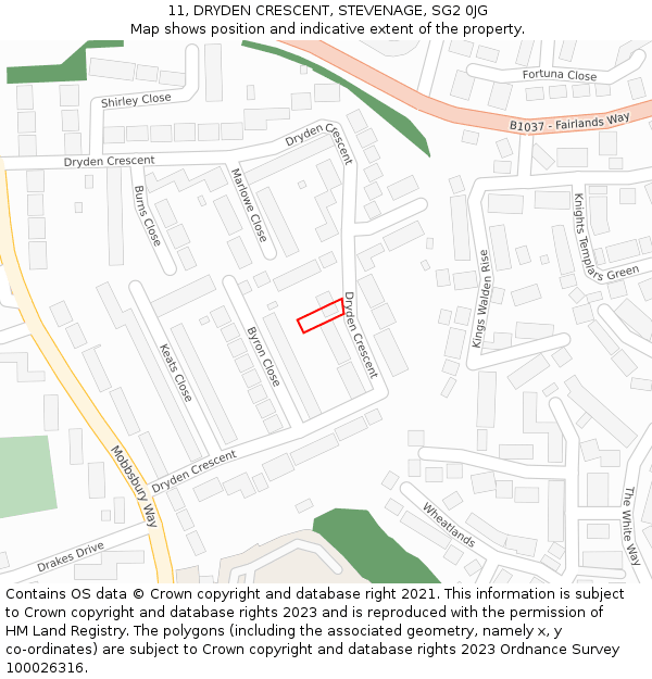 11, DRYDEN CRESCENT, STEVENAGE, SG2 0JG: Location map and indicative extent of plot