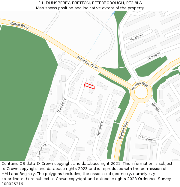11, DUNSBERRY, BRETTON, PETERBOROUGH, PE3 8LA: Location map and indicative extent of plot