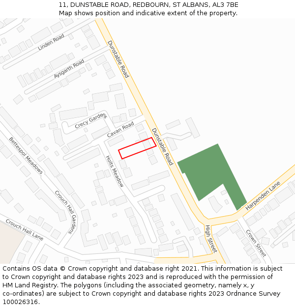 11, DUNSTABLE ROAD, REDBOURN, ST ALBANS, AL3 7BE: Location map and indicative extent of plot